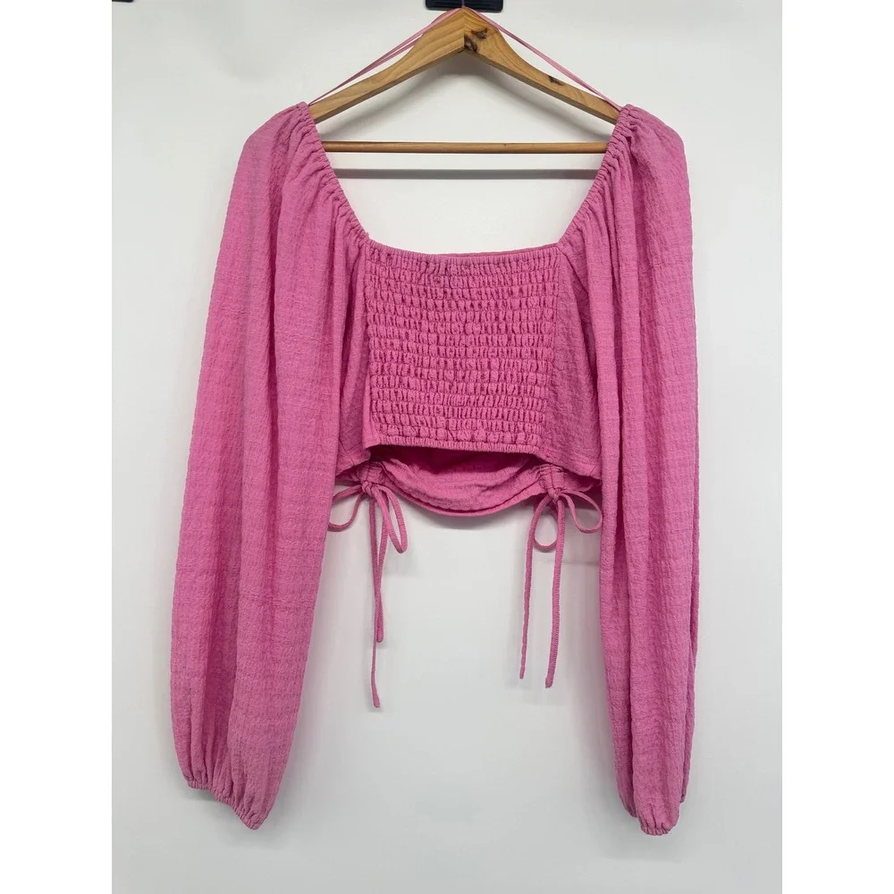 Sophie Rue‎ Shirt Women M Pink Ruched Crop Top Textured Milkmaid Coquette Girly